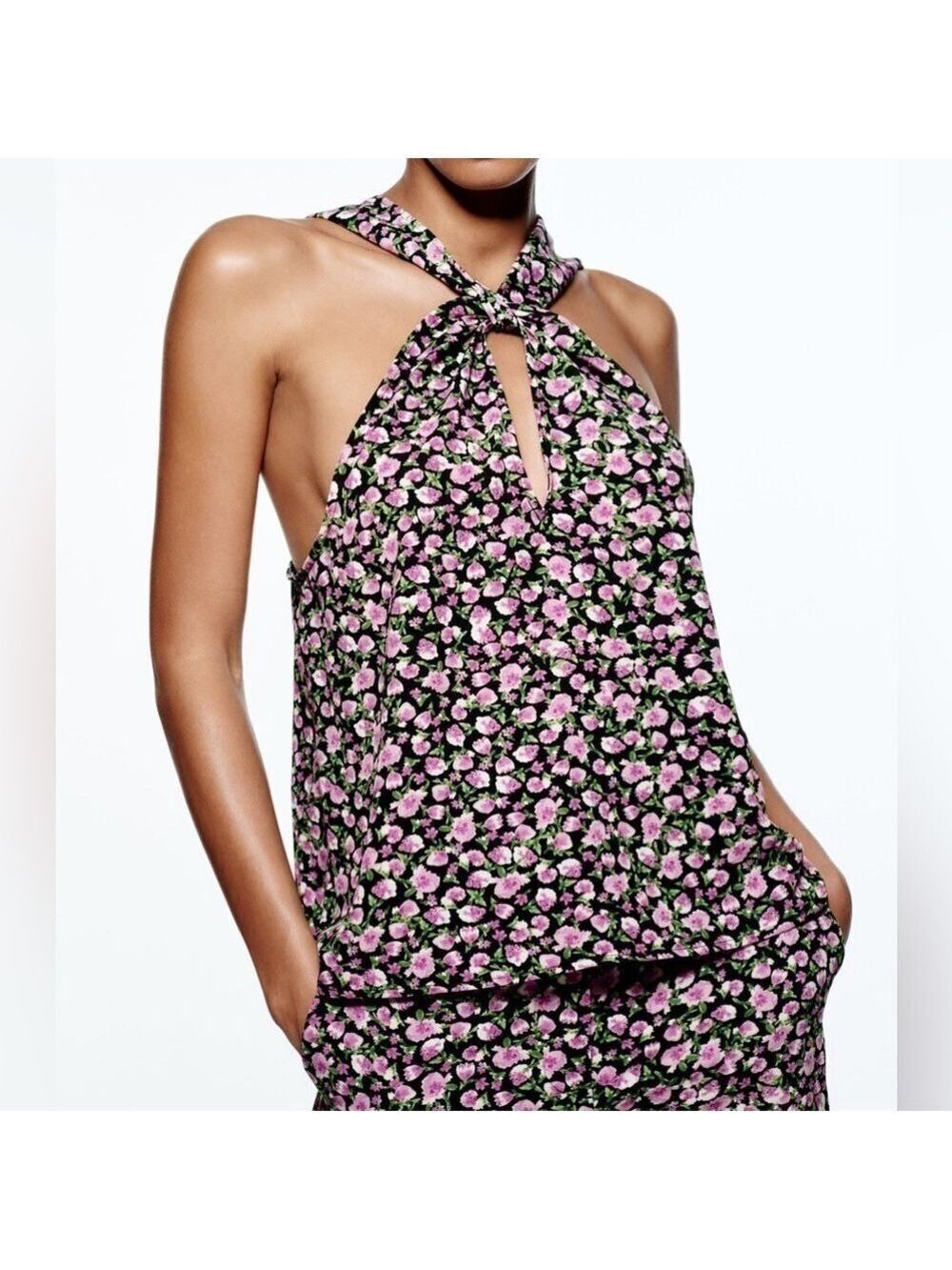 Zara Floral High Neck Halter Flowy Top